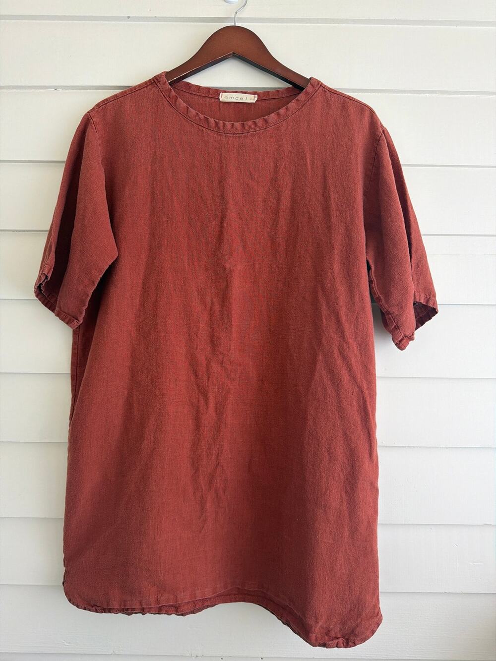 Amae Linen Tunic Mini Dress Shift Womens Small Rust Terracotta Lagenlook Coastal